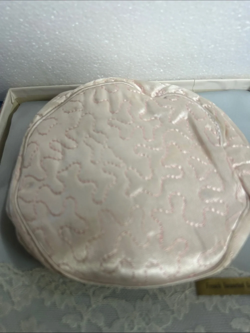 Round Quilted Satin Makeup Bag - Pale Pink with Powder Puff and Blue silky bag